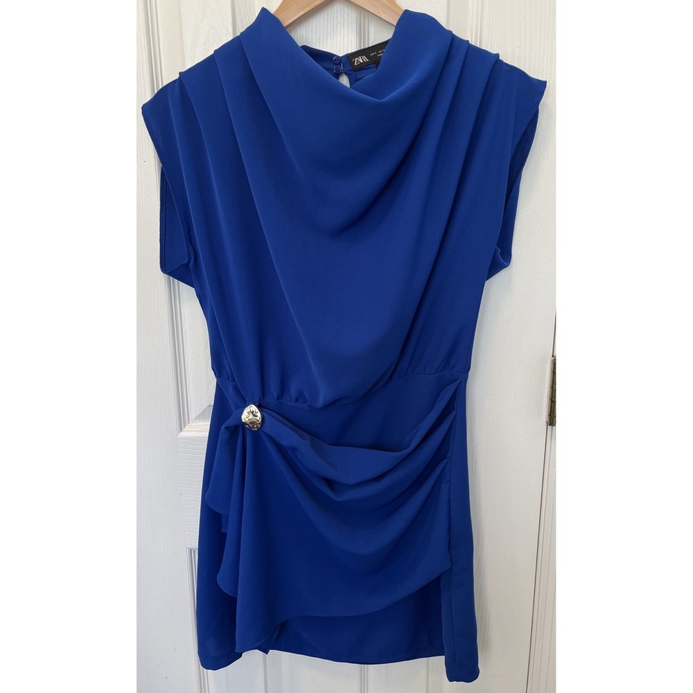 Zara Wrap Front Dress Gold Brooch Waist Detail Mini Blue Womens Size S